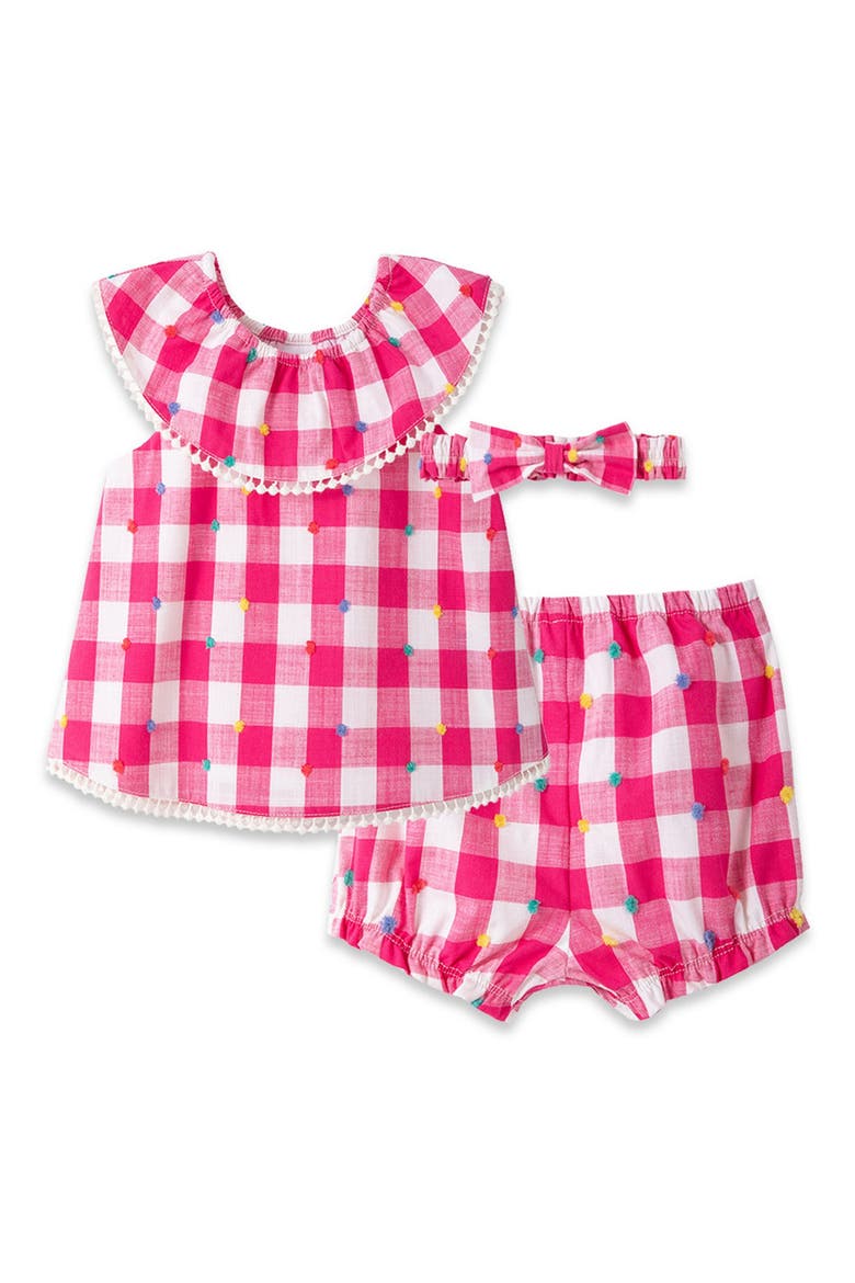 Pom Gingham Top, Shorts & Headband Set, Main, color, PINK