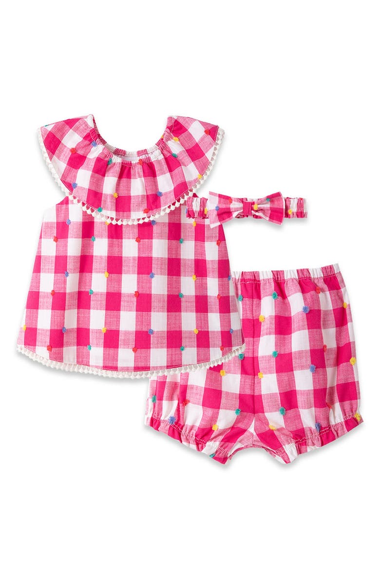 Little Me Pom Gingham Top, Shorts & Headband Set, Main, color,