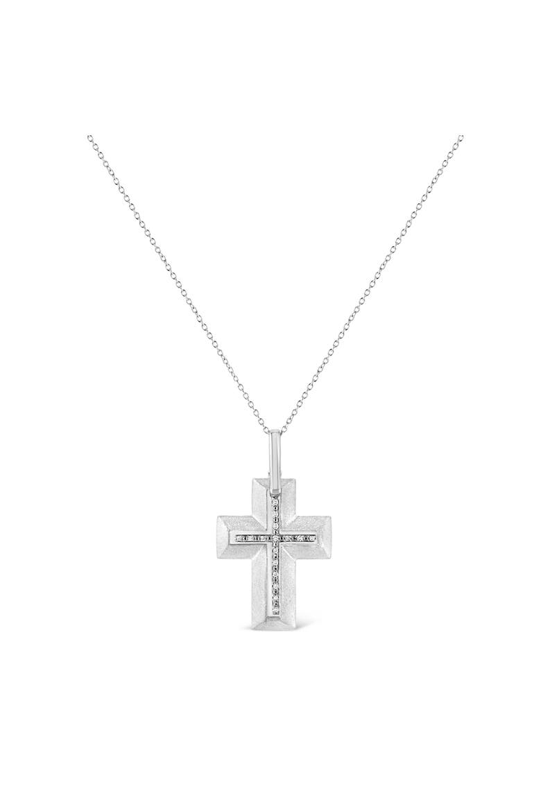 .925 Sterling Silver Prong-Set Diamond Accent Bold Cross Pendant Necklace, Alternate, color, White
