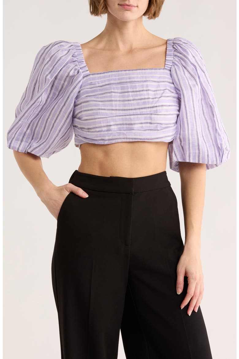 Blonvilla Puff Sleeve Linen Blend Crop Top, Main, color, LILAS / NOIR