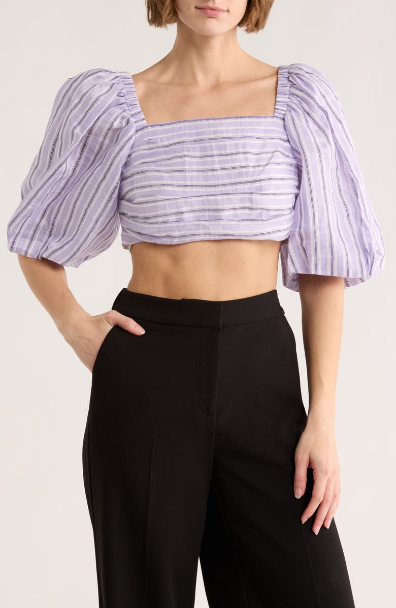 SANDRO Blonvilla Puff Sleeve Linen Blend Crop Top, Main, color, Lilas / Noir