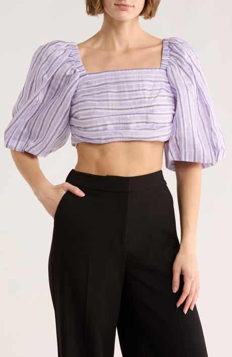 SANDRO Blonvilla Puff Sleeve Linen Blend Crop Top