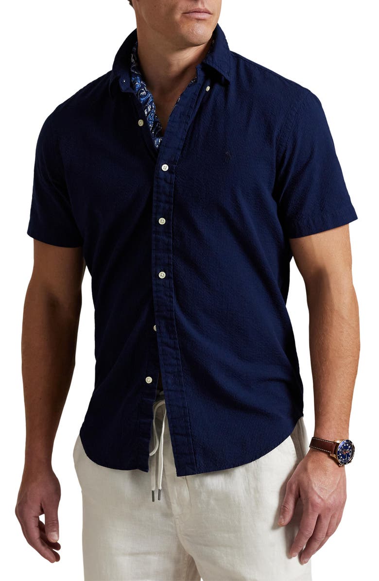 Polo Ralph Lauren Solid Short Sleeve Cotton Seersucker Button-Down Shirt, Main, color, 