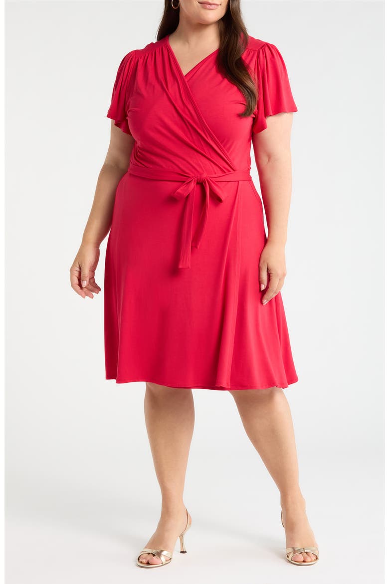 Flutter Sleeve Faux Wrap Jersey Dress, Main, color, RED