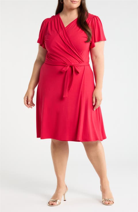 Flutter Sleeve Faux Wrap Jersey Dress (Plus)