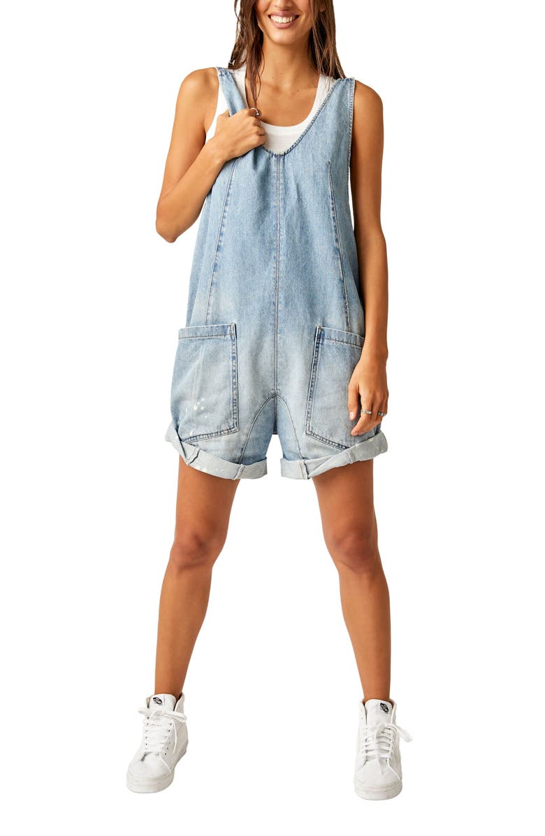 Free People High Roller Denim Short Overalls, Alternate, color, Bright Eyes