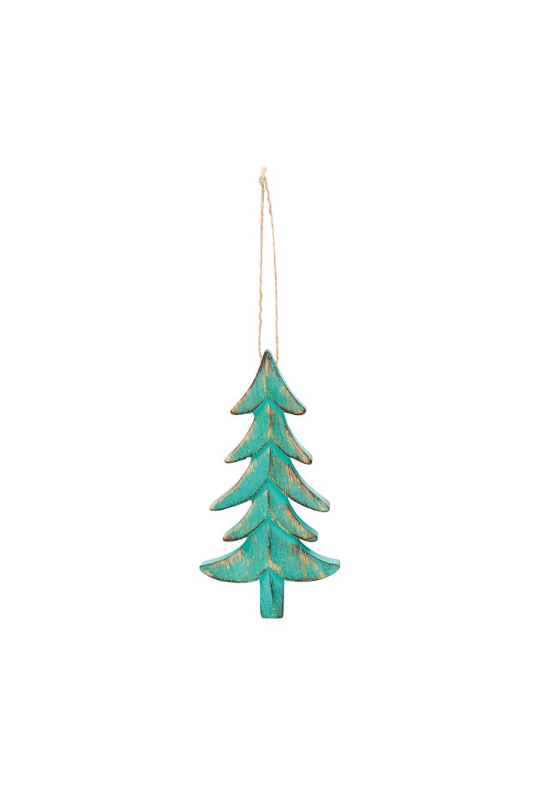 Wooden Green Wash Carved Tree Christmas Ornament, Main, color, Green