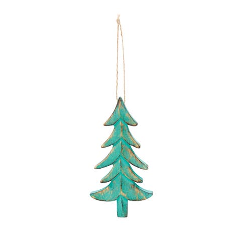 Wooden Green Wash Carved Tree Christmas Ornament