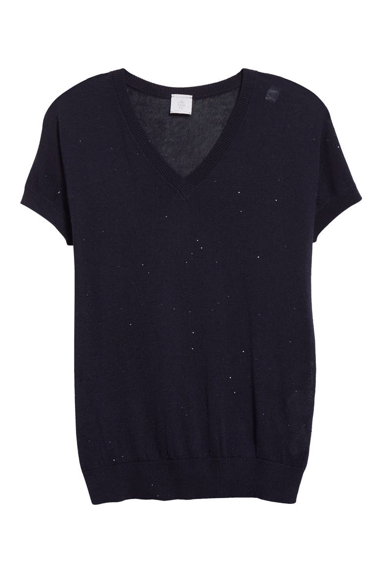 Sequin Silk & Cotton V-Neck Sweater, Alternate, color, BLUE