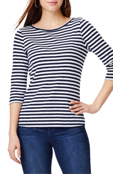 Stripe Bateau Neck Cotton Blend Top (Regular & Petite)