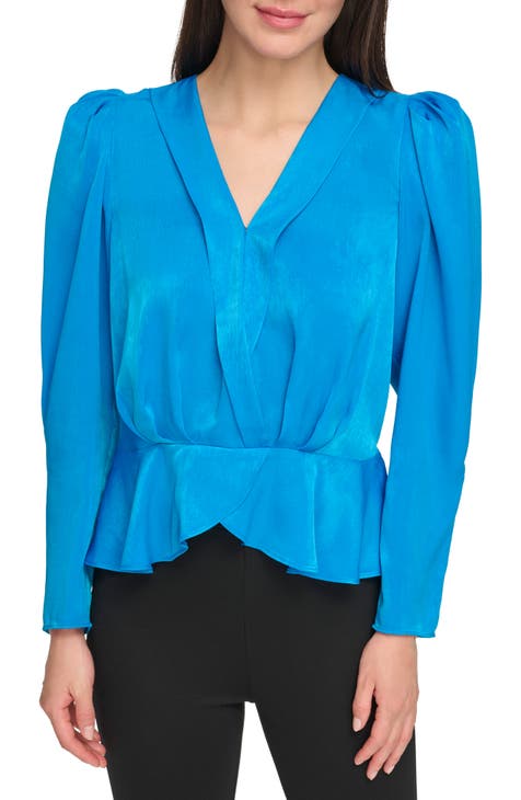 Wrap Front Satin Peplum Blouse