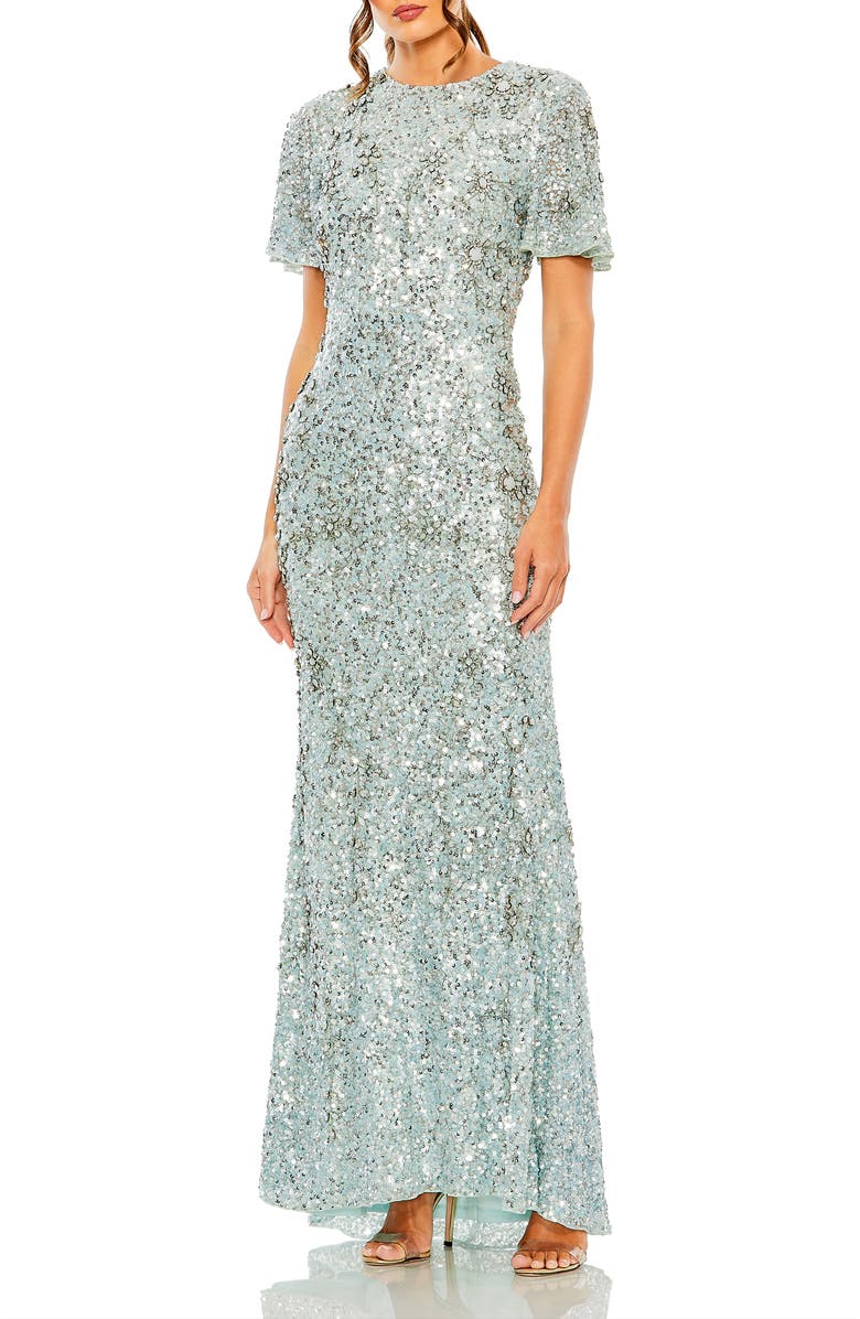 Mac Duggal Flutter Sleeve Sequin High Neck Dress, Main, color, French Blue