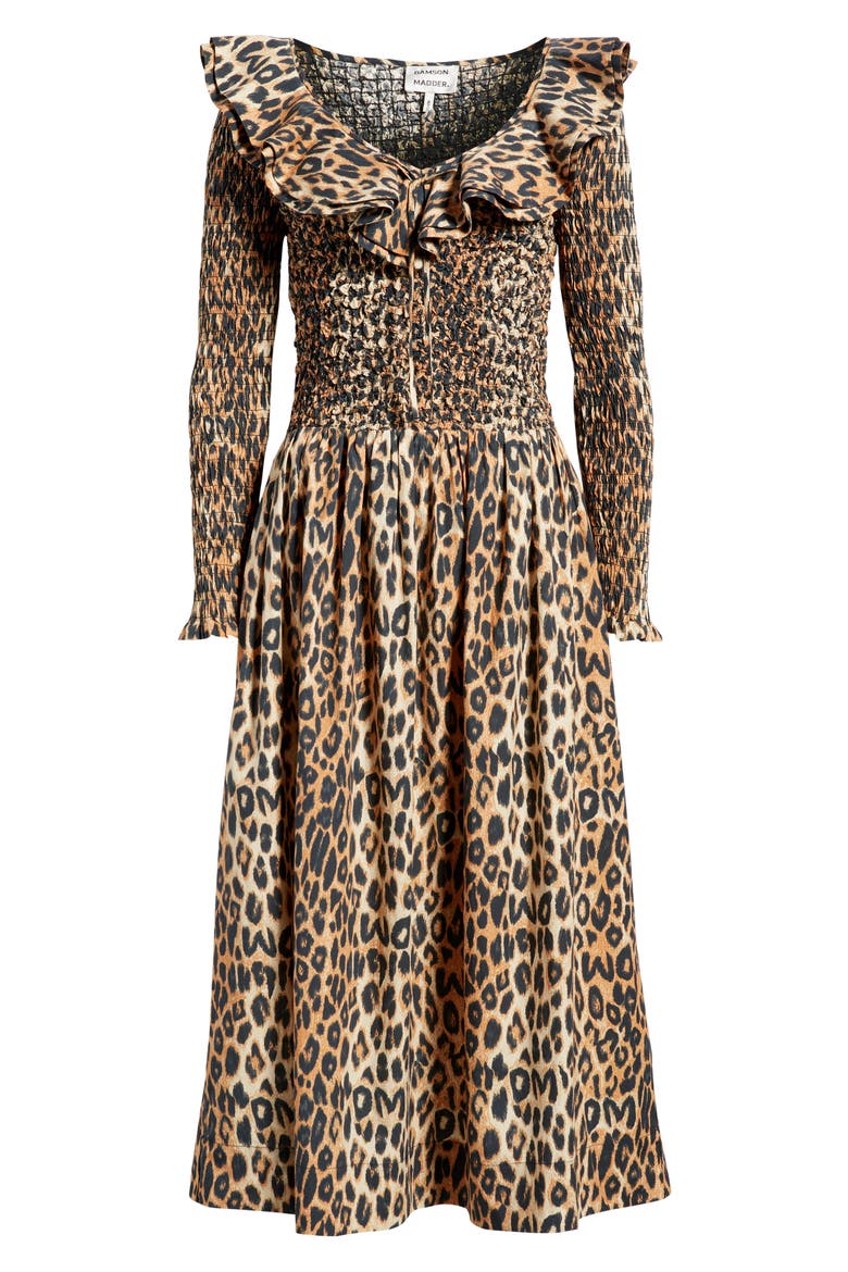 Harper Smocked Long Sleeve Midi Dress, Alternate, color, LEOPARD