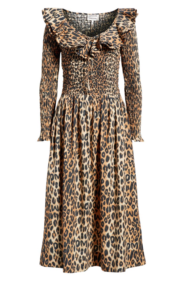Damson Madder Harper Smocked Long Sleeve Midi Dress, Alternate, color, Leopard