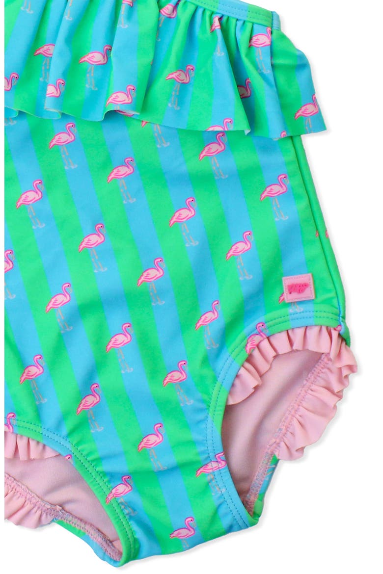 Kids' Neon Flamingo Stripe One-Shoulder One-Piece Swimsuit, Alternate, color, GREEN