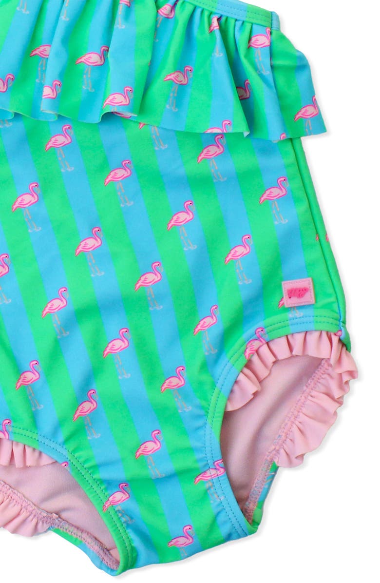 RuffleButts Kids' Neon Flamingo Stripe One-Shoulder One-Piece Swimsuit, Alternate, color, Green