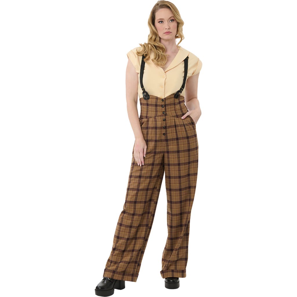 Unique Vintage Plus Size Thelma High Waist Suspender Pants In Brown