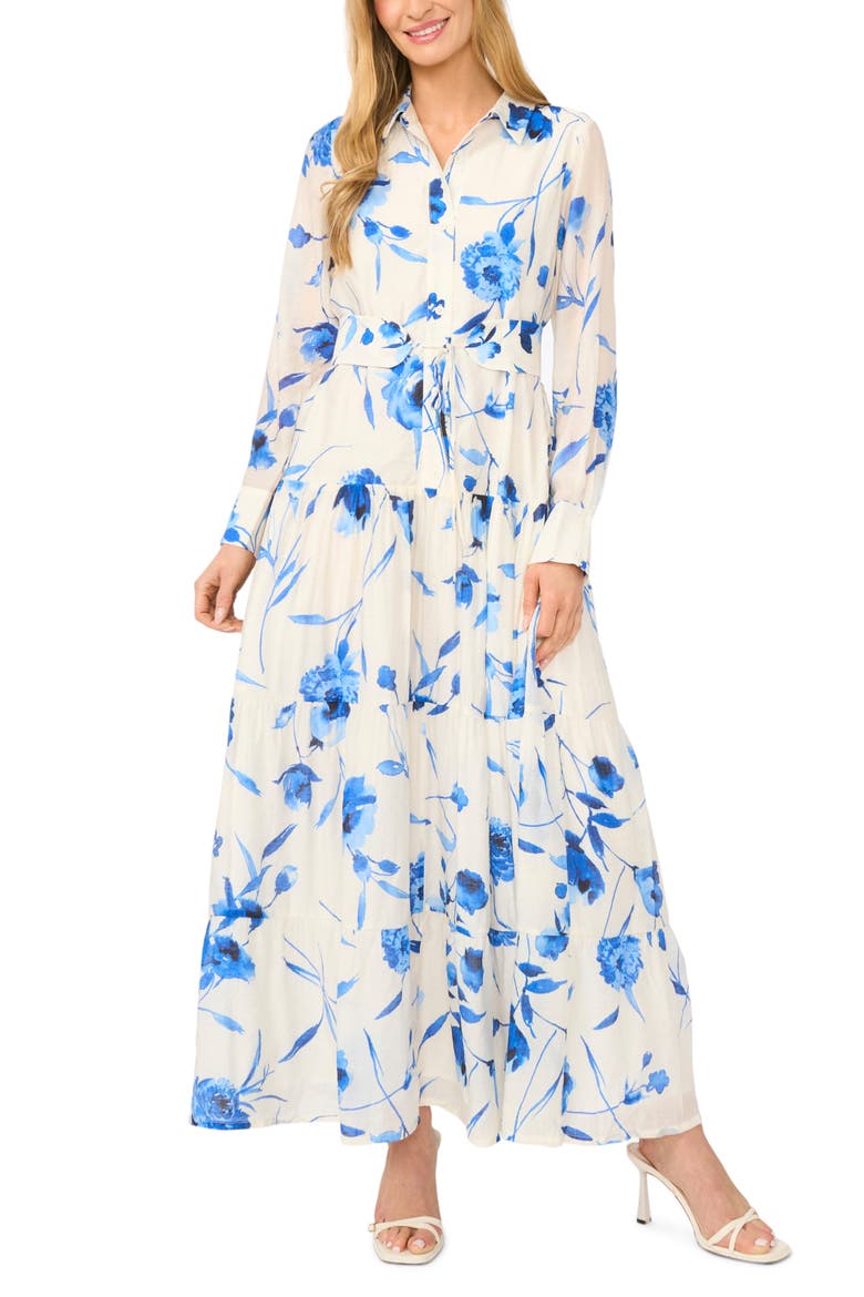 Floral Long Sleeve Tiered Shirtdress, Main, color, DAZZLING BLUE