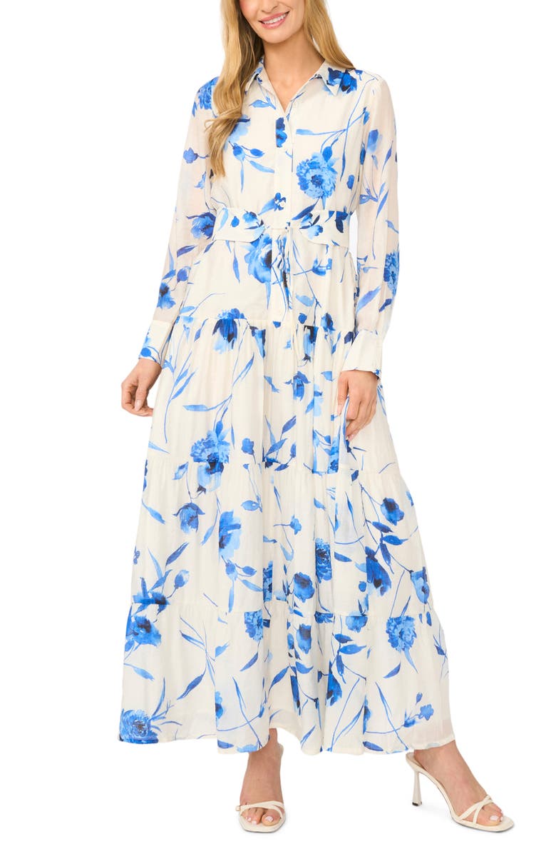 Halogen<sup>®</sup> Floral Long Sleeve Tiered Shirtdress, Main, color, Dazzling Blue