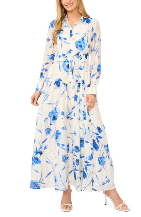 Floral Long Sleeve Tiered Shirtdress
