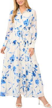Halogen® Floral Long Sleeve Tiered Shirtdress