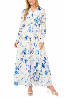 Floral Long Sleeve Tiered Shirtdress