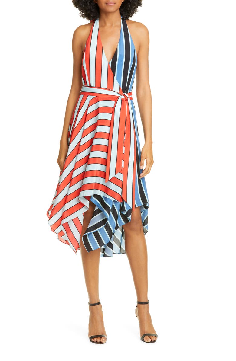 Alice + Olivia Canton Mix Stripe Halter Neck Handkerchief Hem Silk Dress, Main, color, 