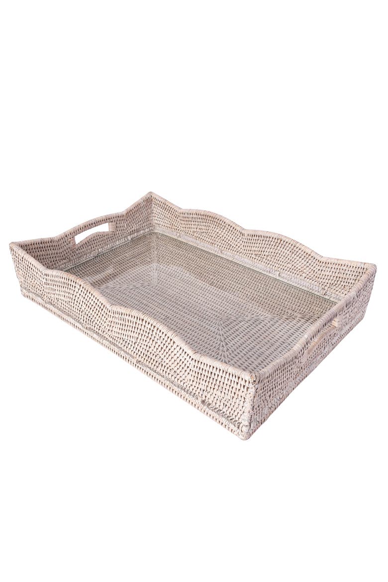 Artifacts Rattan Scallop Rectangular Tray With Glass Insert, Alternate, color, White Wash