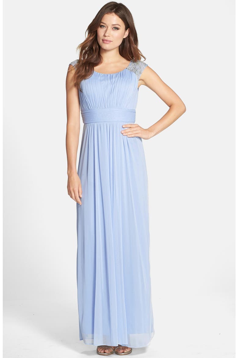 Embellished Ruched Chiffon Gown, Main, color, PERIWINKLE