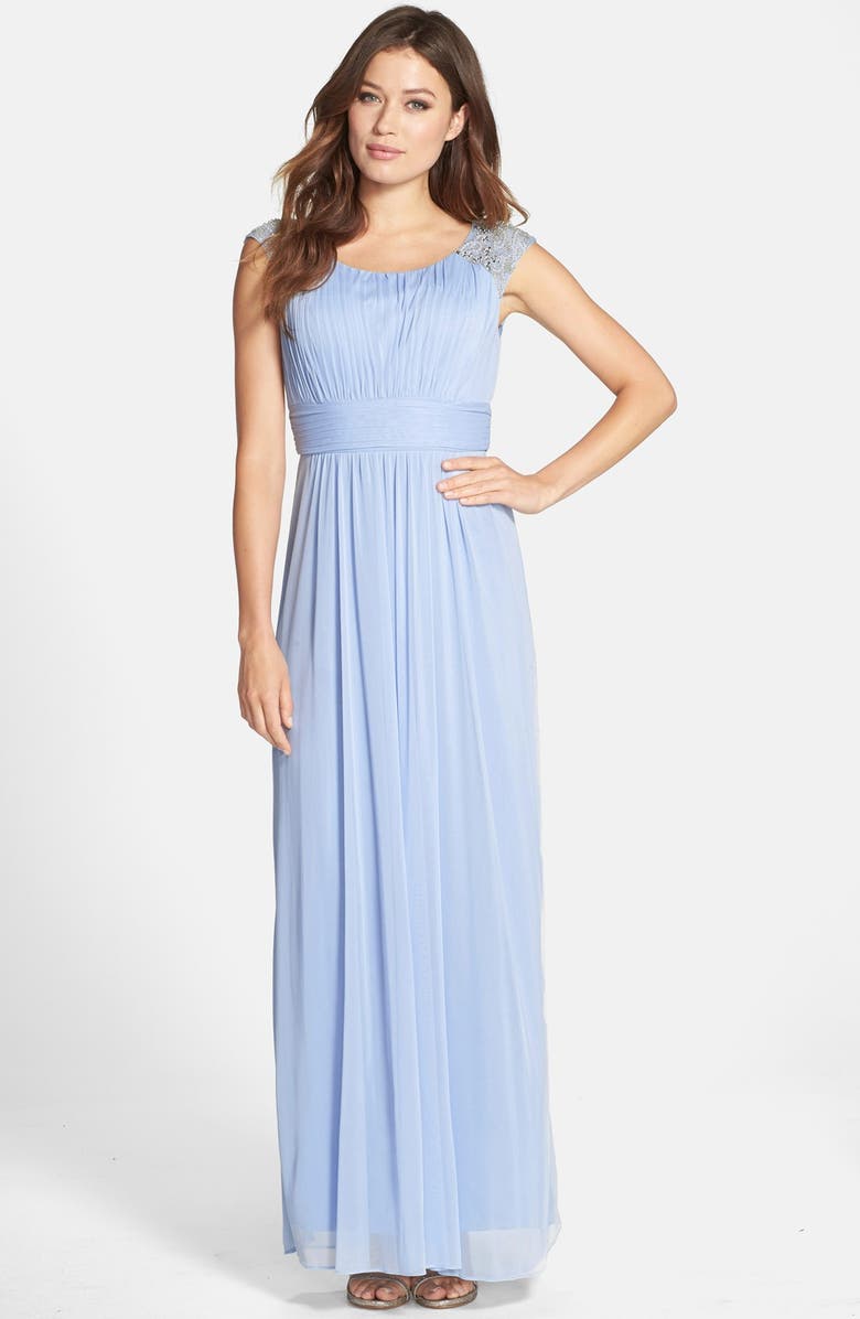 Patra Embellished Ruched Chiffon Gown, Main, color,