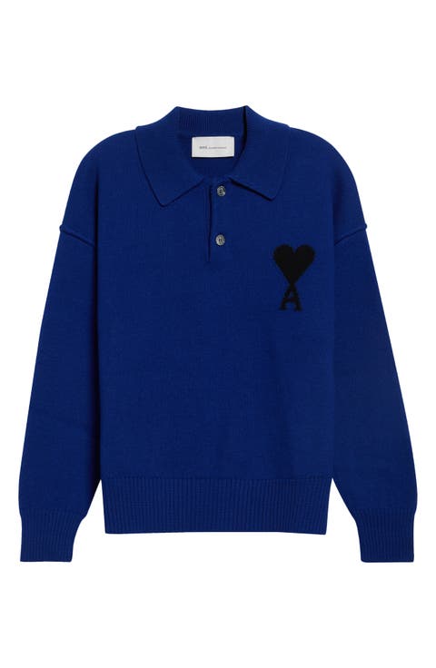 Ami de Coeur Monogram Felted Wool Polo Sweater