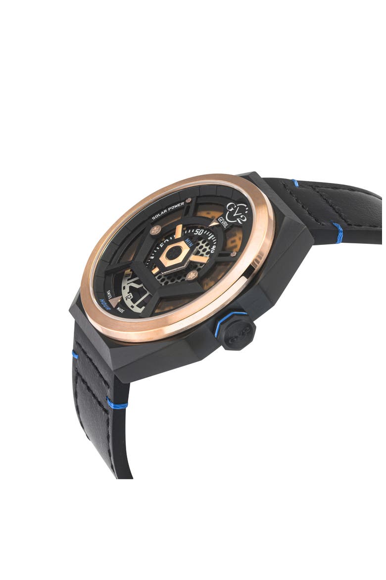 Stella Solare Power Leather Strap Watch, 44mm, Alternate, color, BLACK/BLUE