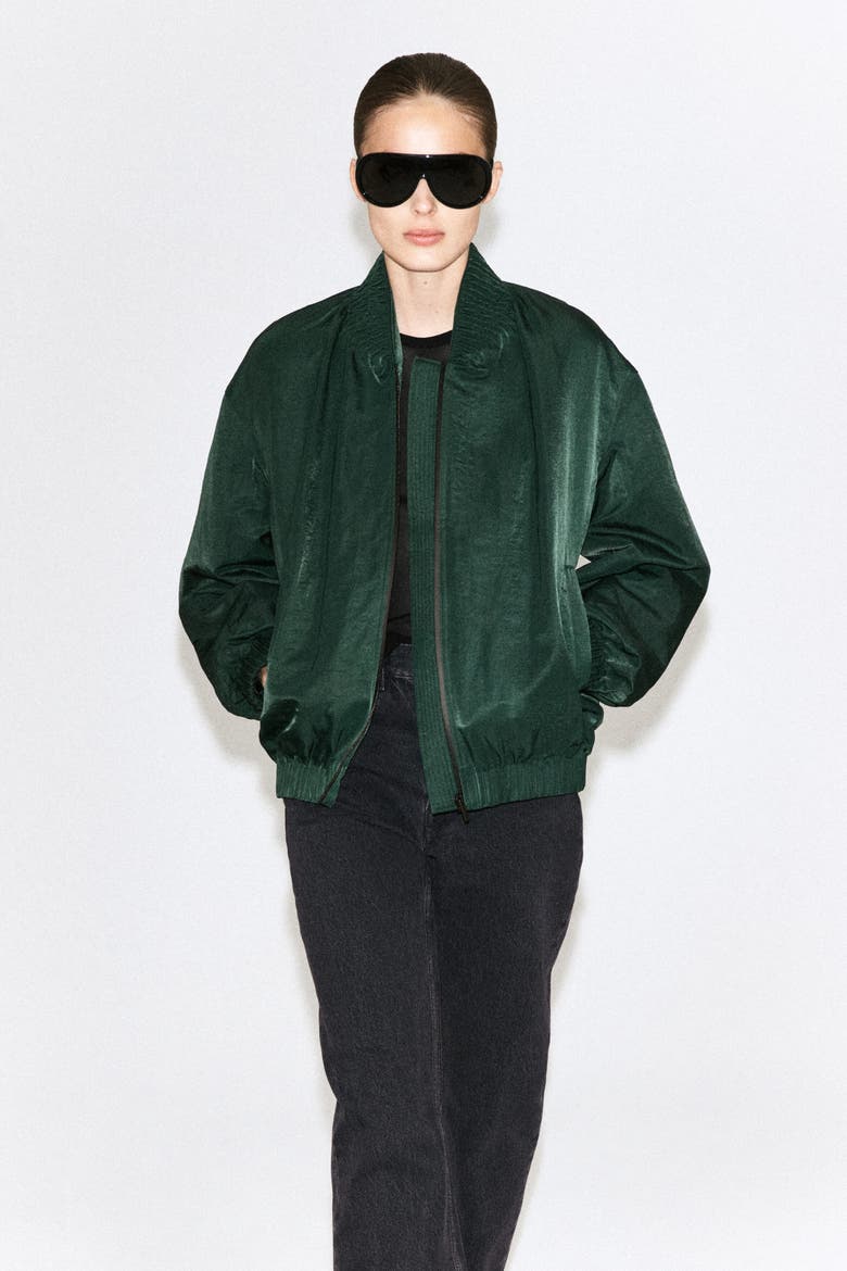 Gathered Nylon Bomber Jacket, Alternate, color, DARK GREEN