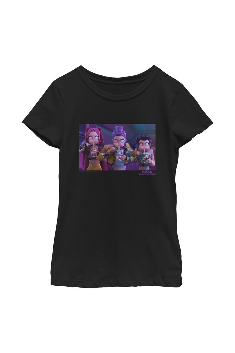 Girl's KPop Demon Hunters Rumi, Mira and Zoey Ramyeon  Graphic T-Shirt, Main, color, Black