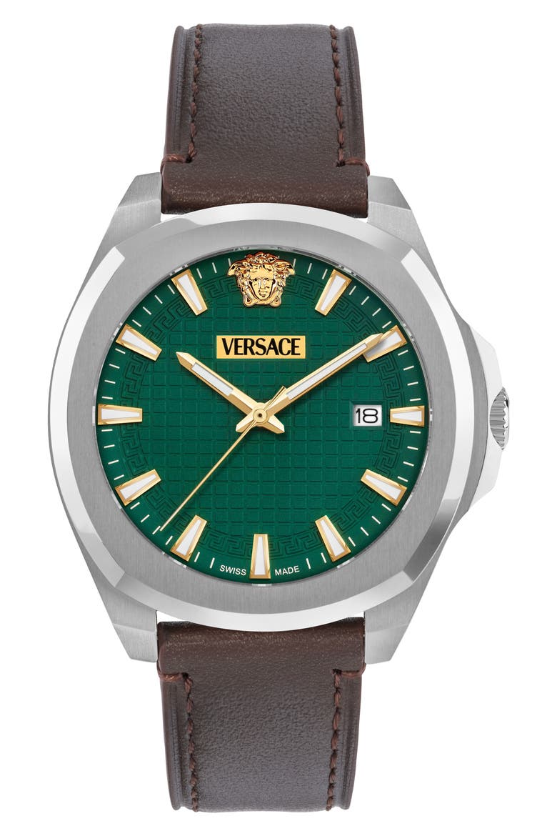 Luxury Leather Strap Watch, 42mm, Main, color, STAINLESS STEEL/BROWN