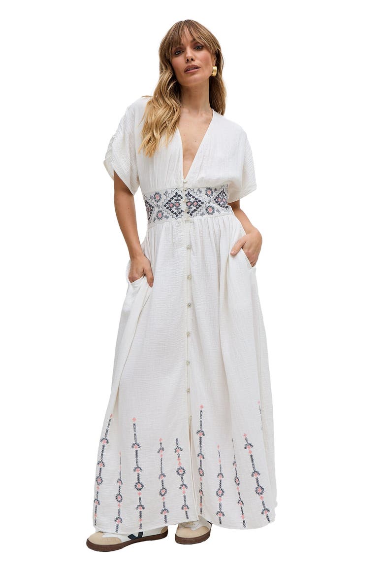 Sally Ann Button Down Embroidery Maxi Dress, Alternate, color, White