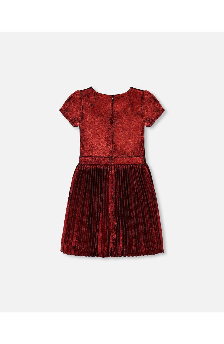 Deux par Deux Girl's Short Sleeve Dress With Pleated Skirt Metallic Red, Alternate, color,