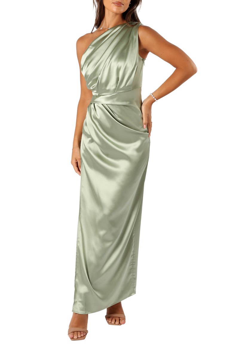 Nadia One-Shoulder Satin Maxi Dress, Main, color, SAGE