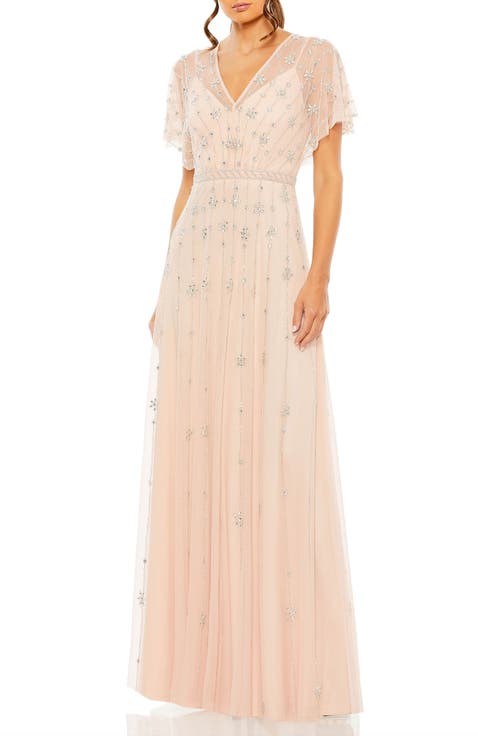 V Neck Embellished Flutter Sleeve A Line Gown