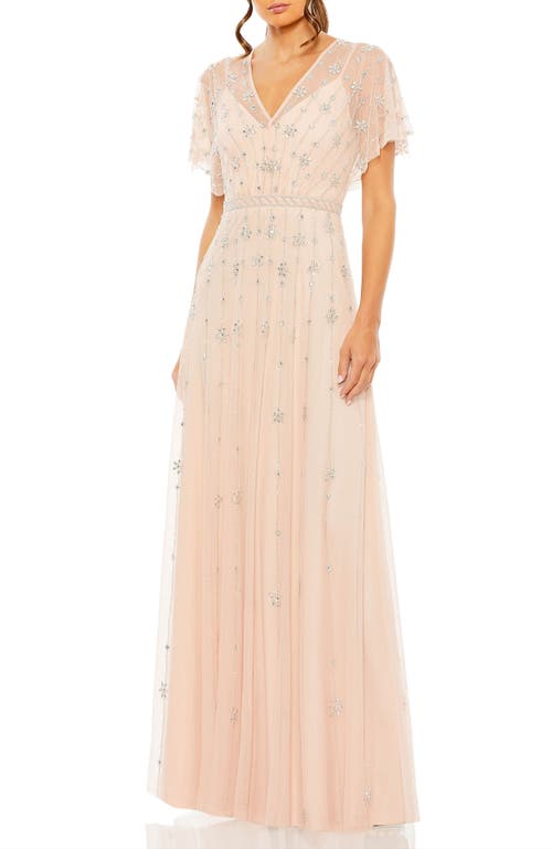 Mac Duggal V Neck Embellished Flutter Sleeve A Line Gown In Rose