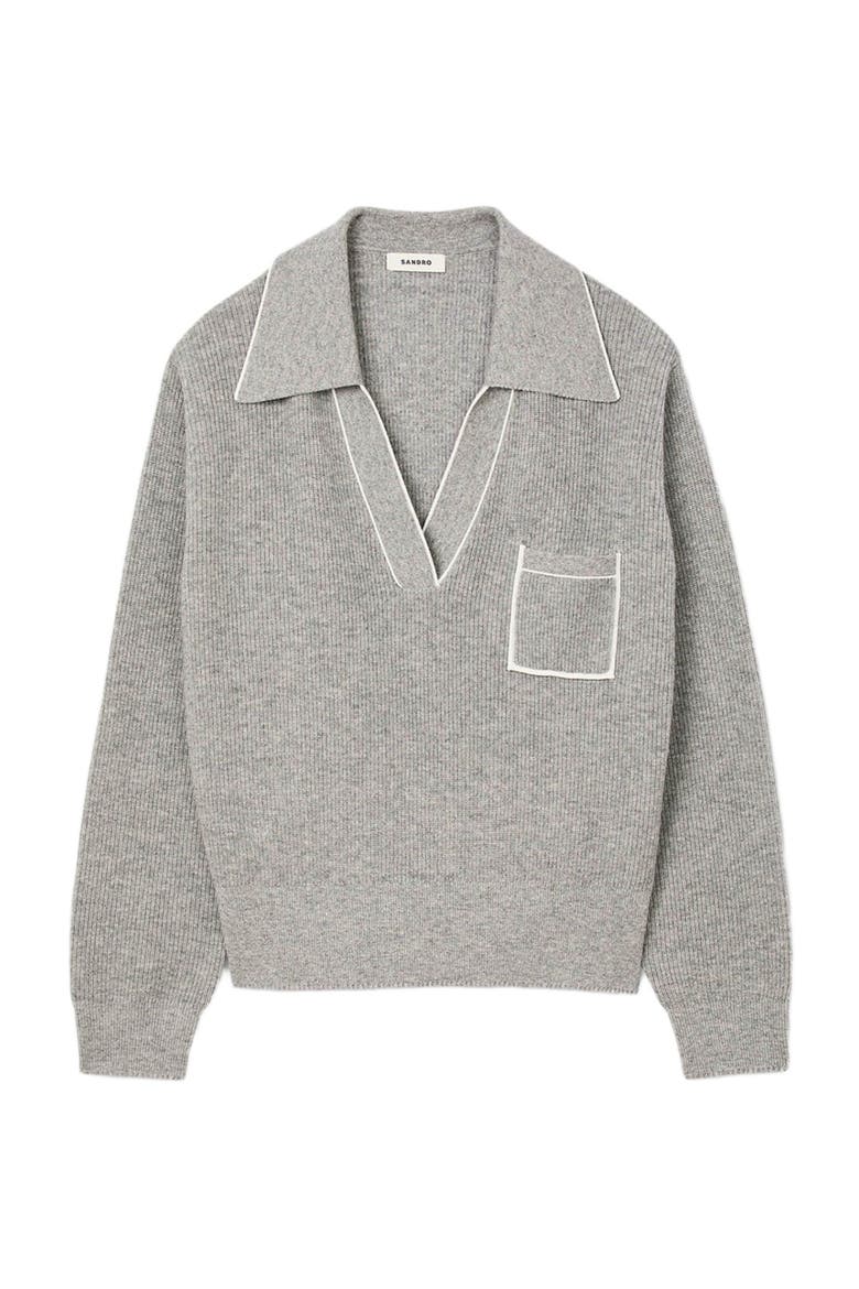 Open polo-collar neck sweater, Alternate, color, Grey