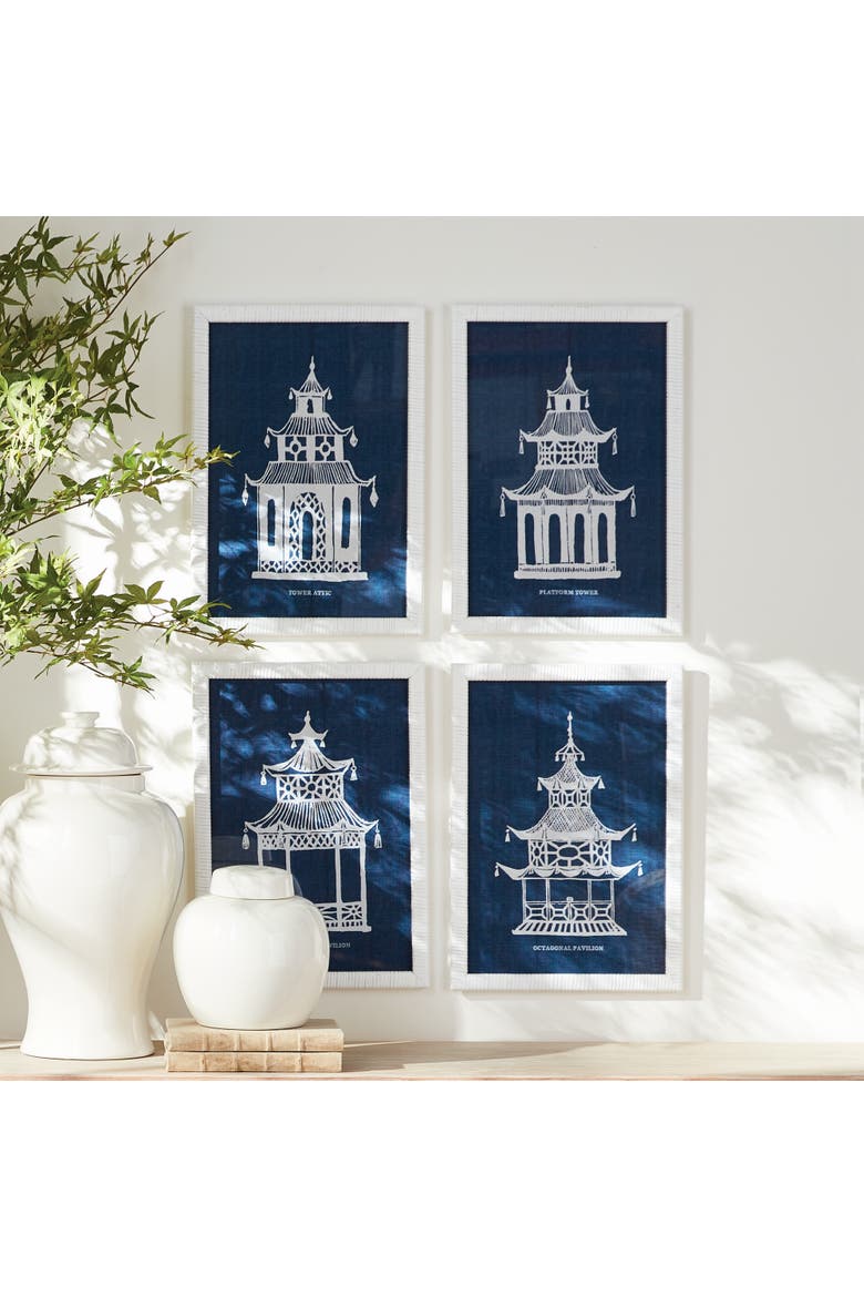 Traditional Pagoda Study Art Prints, Set of 4 - Blue, Alternate, color, Blue