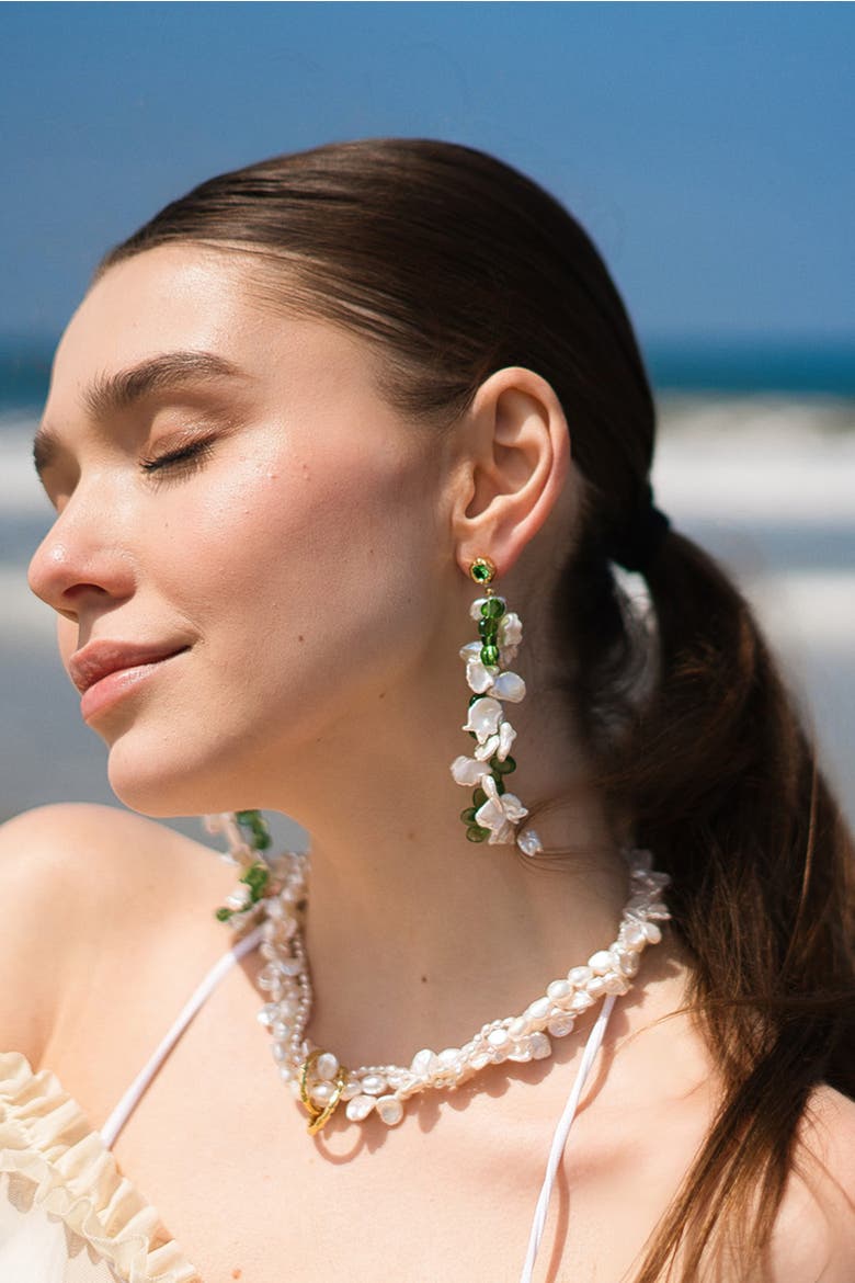 Midori Pearl Petal & Peridot Tassel Earrings, Alternate, color, Gold/Green