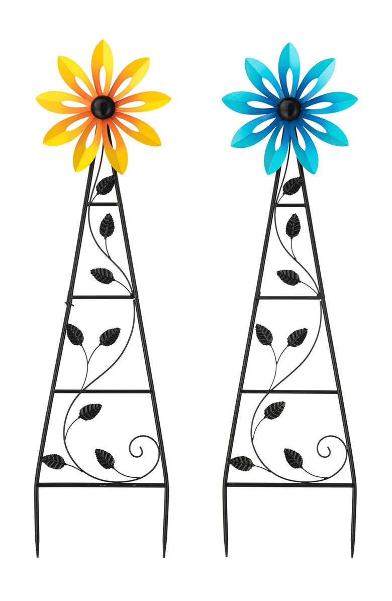 Glitzhome Set of 2 44"H Metal Blue & Yellowe Flower Wind Spinner Yardstakes, Main, color, Yellow