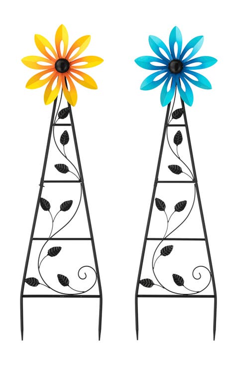 Set of 2 44"H Metal Blue & Yellowe Flower Wind Spinner Yardstakes