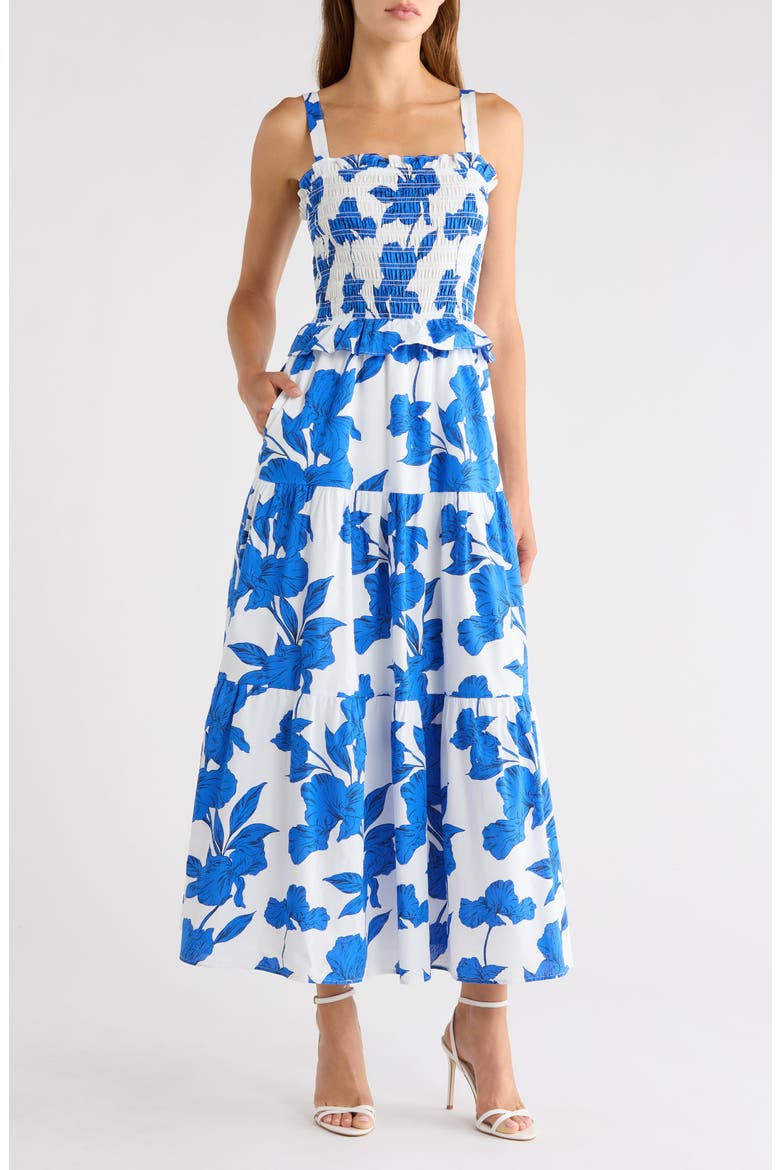 Lindsy Smocked Sleeveless Maxi Dress, Main, color, WHITE-BLUE-BLACK