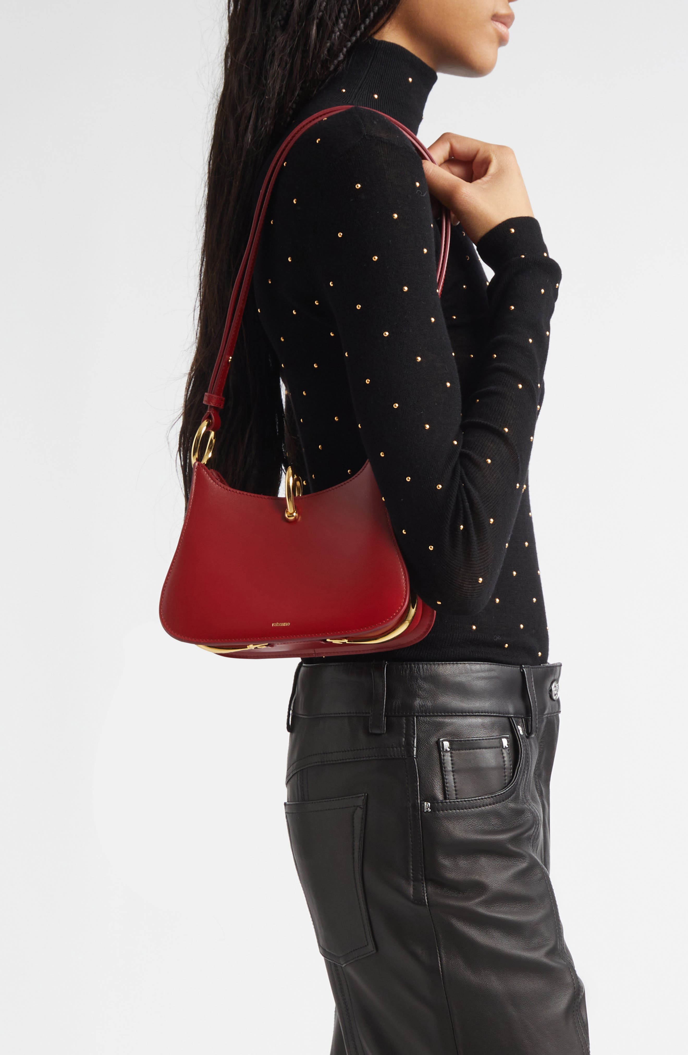 The Small Ring Leather Shoulder Bag, Alternate, color, RED