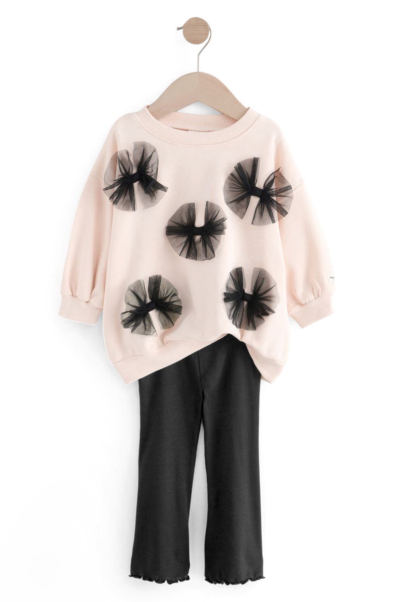 NEXT Kids' Bow Appliqué Sweatshirt & Rib Flare Leggings Set, Main, color, 