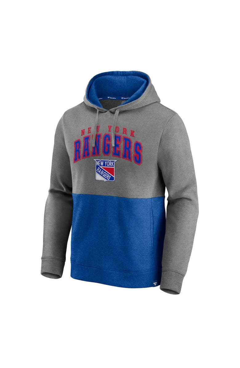 FANATICS Men's Fanatics Branded Heathered Gray/Blue New York Rangers Block Party Classic Arch Signature Pullover Hoodie, Alternate, color,