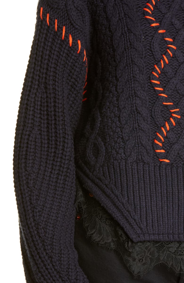 Self-Portrait Lace Trim Cable Knit Cotton & Wool Sweater, Alternate, color, 